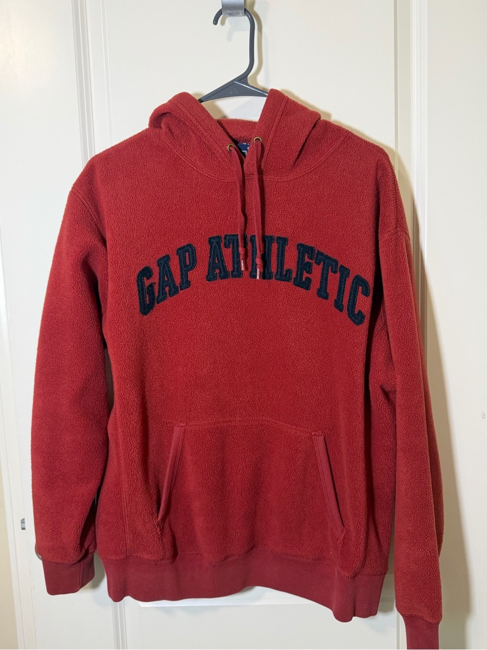 GAP Men's Red Crewneck Hoodie with Navy Logo